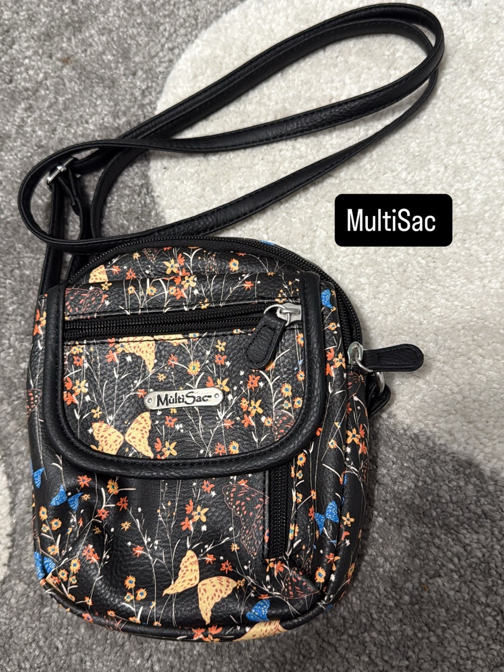 MultiSac Black Floral Crossbody Bag with Butterfly Print